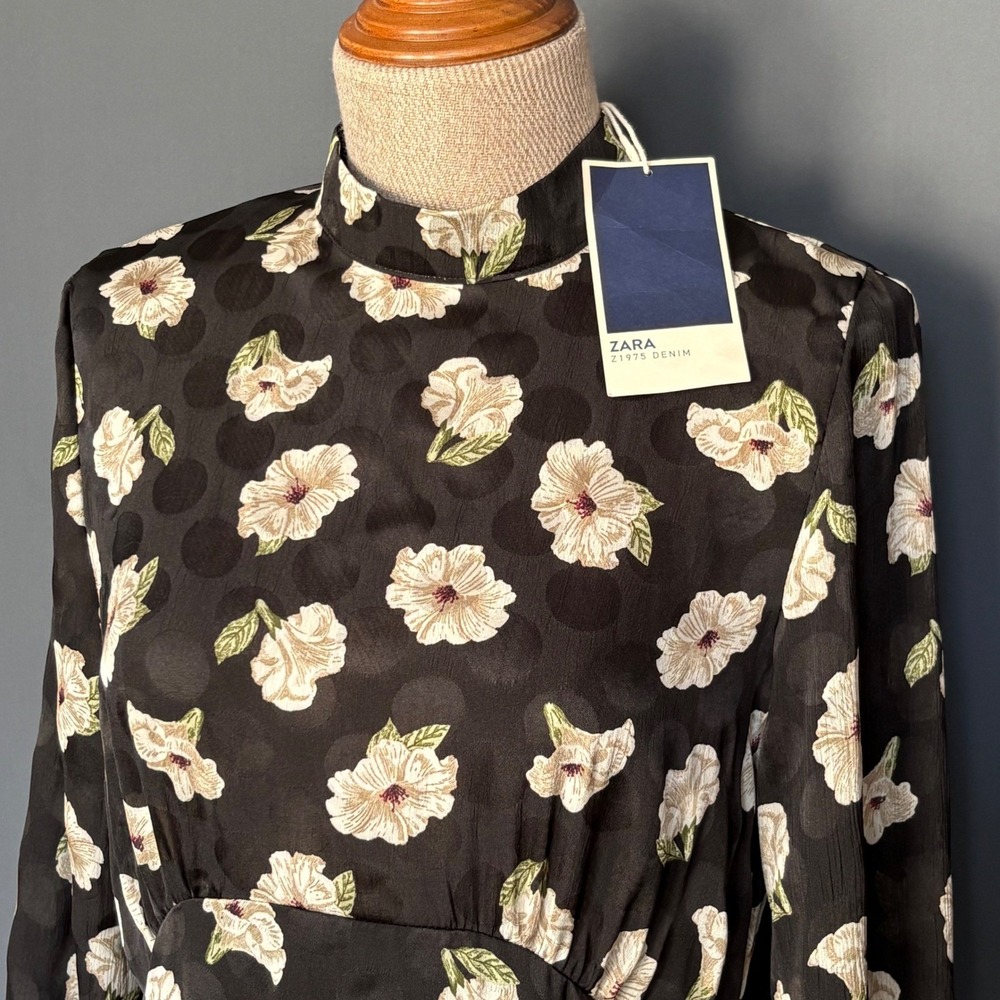New - Zara Z1975 Floral Jacquard Midi Dress | Size Small | Black Mock Neck